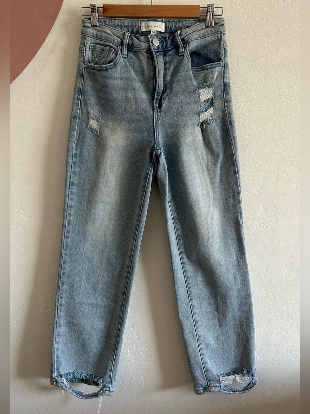 Risen Jeans Women’s size 7/28 Light Wash Blue Distressed High Rise Straight Leg